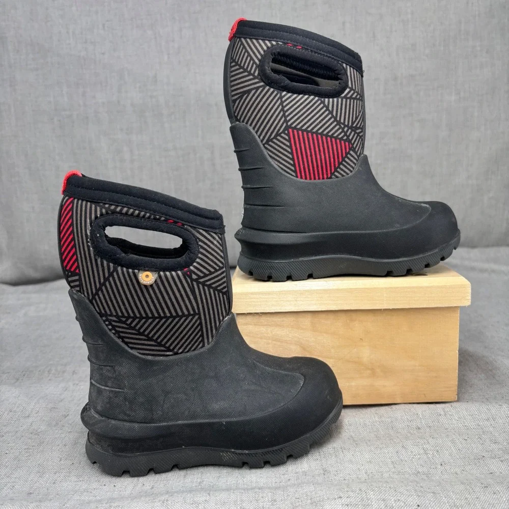 Bogs Kids Neo-Classic Rain Boots Geo Black Red Waterproof Winter Boots Size 7